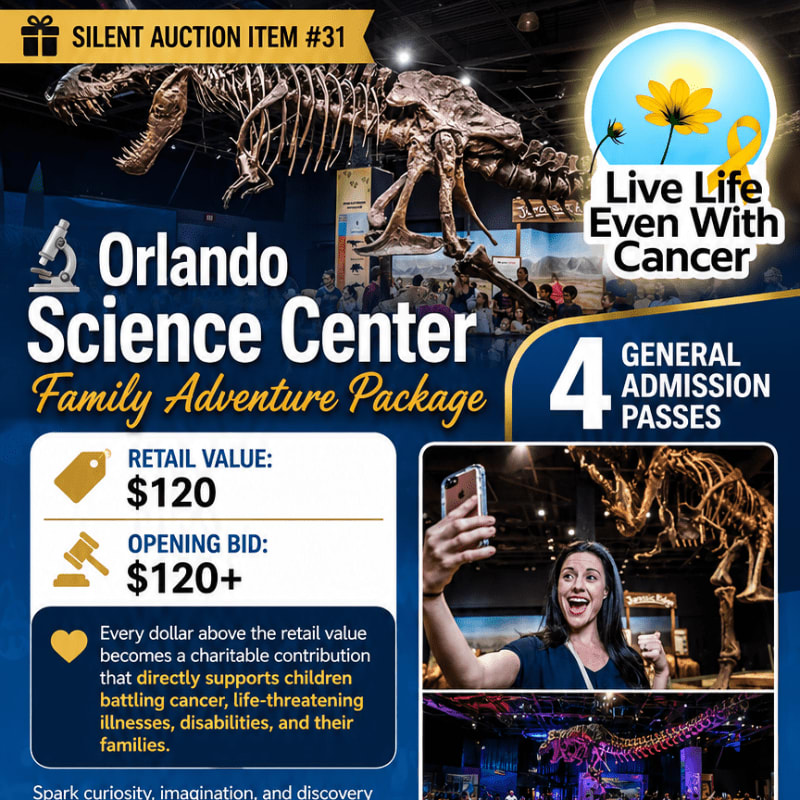 A dinosaur skeleton is in the background, while a woman takes a selfie in the foreground, with text advertising an Orlando Science Center Family Adventure Package for a silent auction.