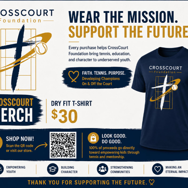 A navy blue t-shirt with a tennis-themed logo is displayed against a dark blue background with promotional text and graphics about the CrossCourt Foundation.