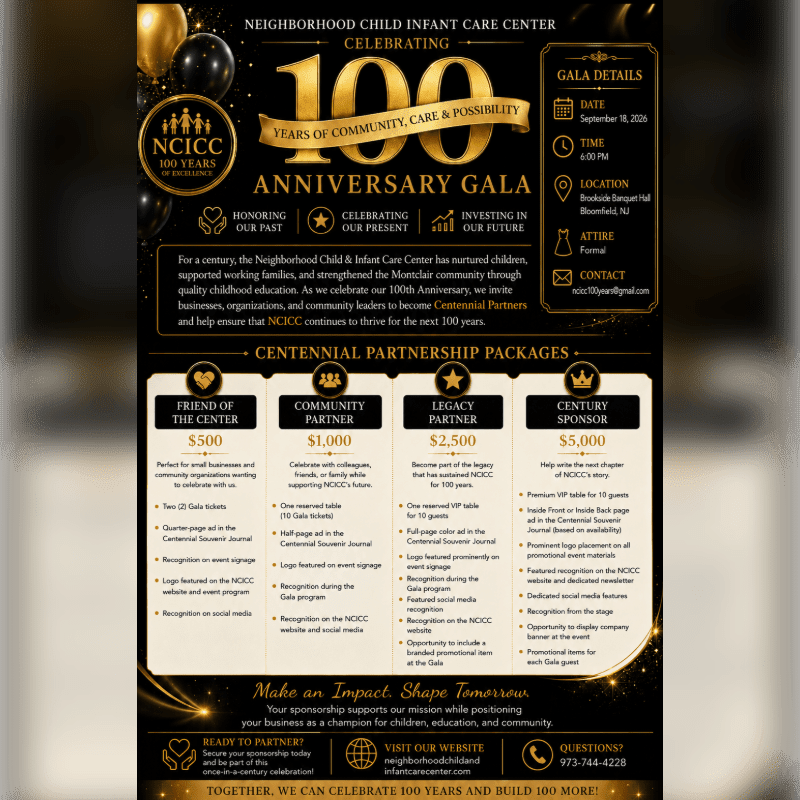 Gold balloons and text announcing a 100th-anniversary gala for the Neighborhood Child Infant Care Center are in the foreground, while details about the event, partnership packages, and contact information are in the background.