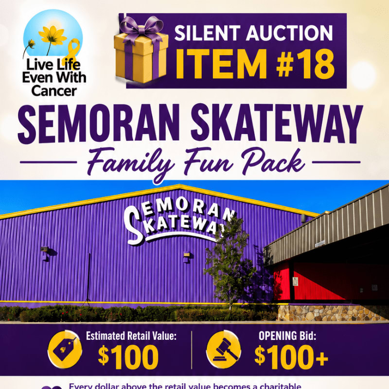 A purple building with "SEMORAN SKATEWAY" written on it is in the foreground, while a banner advertising a silent auction item for the "SEMORAN SKATEWAY Family Fun Pack" is in the background.