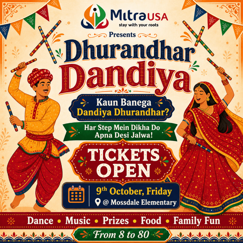 A vibrant poster advertises "Dhurandhar Dandiya" with illustrated figures dancing in the foreground and festive banners in the background.