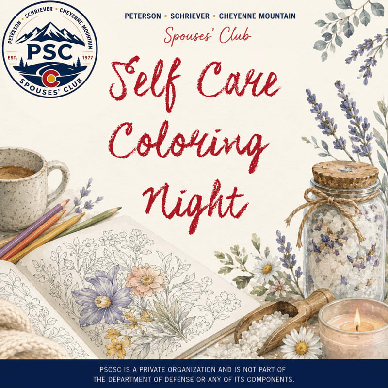 A coloring book with colored pencils and a mug of coffee are in the foreground, while a jar of bath salts and a lit candle are in the background, all set against a backdrop of flowers and greenery.