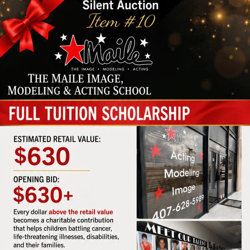 A silent auction flyer for a full tuition scholarship at The Maile Image, Modeling & Acting School is displayed with a red ribbon in the top left corner and a storefront in the bottom right.