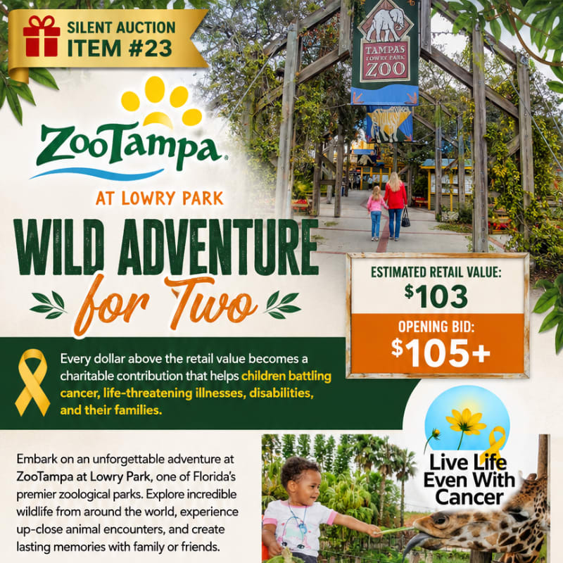 A young child feeds a giraffe in the foreground, while a family walks towards the entrance of ZooTampa at Lowry Park in the background.