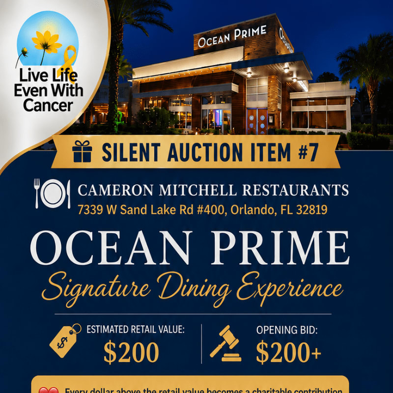 A silent auction item for an Ocean Prime dining experience is advertised in front of the restaurant at night.