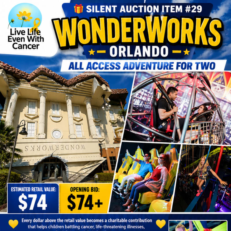 A whimsical, upside-down building with a bright blue sky and clouds forms the background, while the foreground features images of people enjoying thrilling rides and auction details for "Wonderworks Orlando."