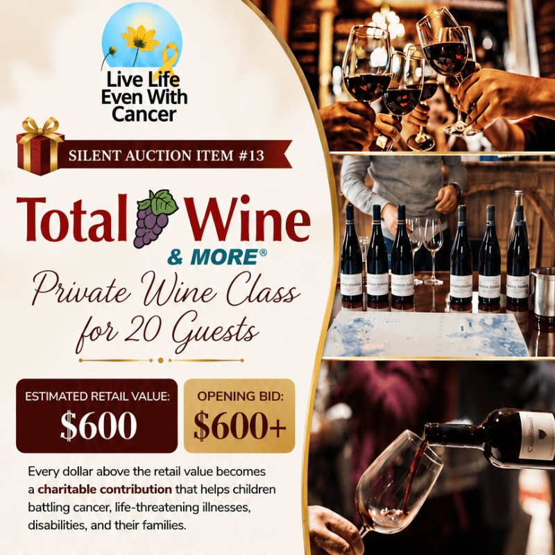 A silent auction flyer for a private wine class for 20 guests, featuring images of wine glasses, bottles, and a pouring, is set against a backdrop of a wine-themed event.