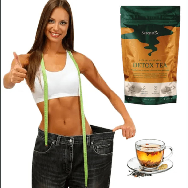 A woman in oversized jeans with a measuring tape around her waist gives a thumbs up next to a bag of detox tea and a cup of brewed tea.