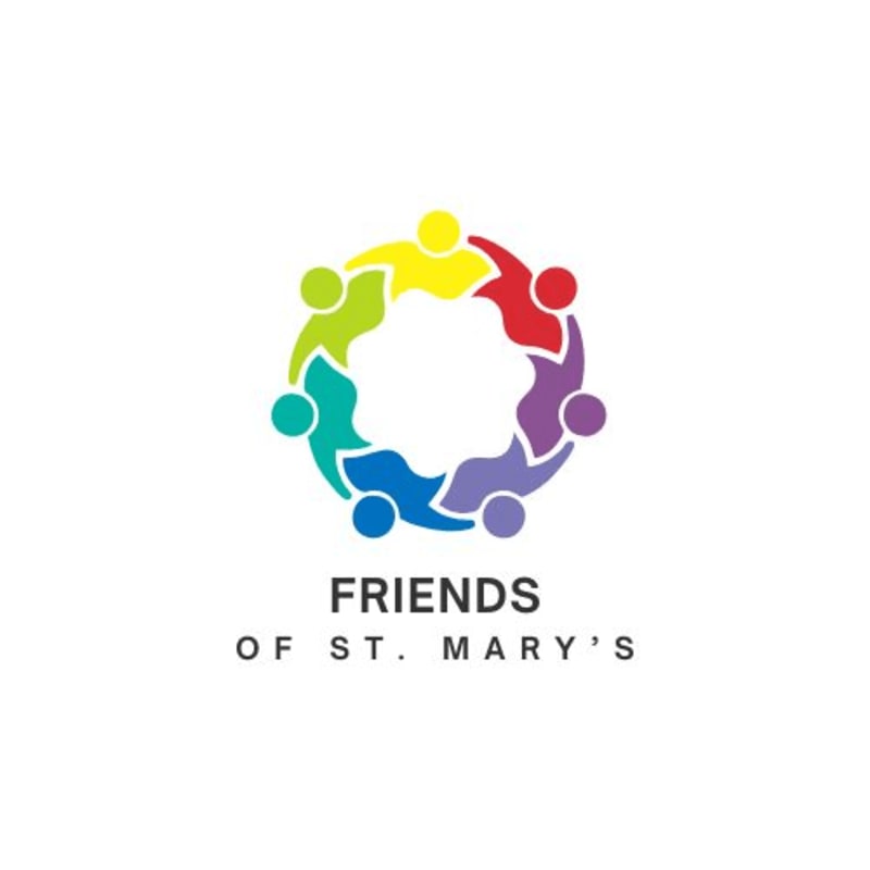 A colorful circle of abstract figures holding hands forms the foreground, with the text "FRIENDS OF ST. MARY'S" centered below it against a white background.