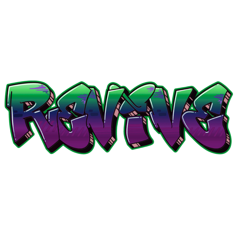 Graffiti letters in shades of green and purple with a white background.