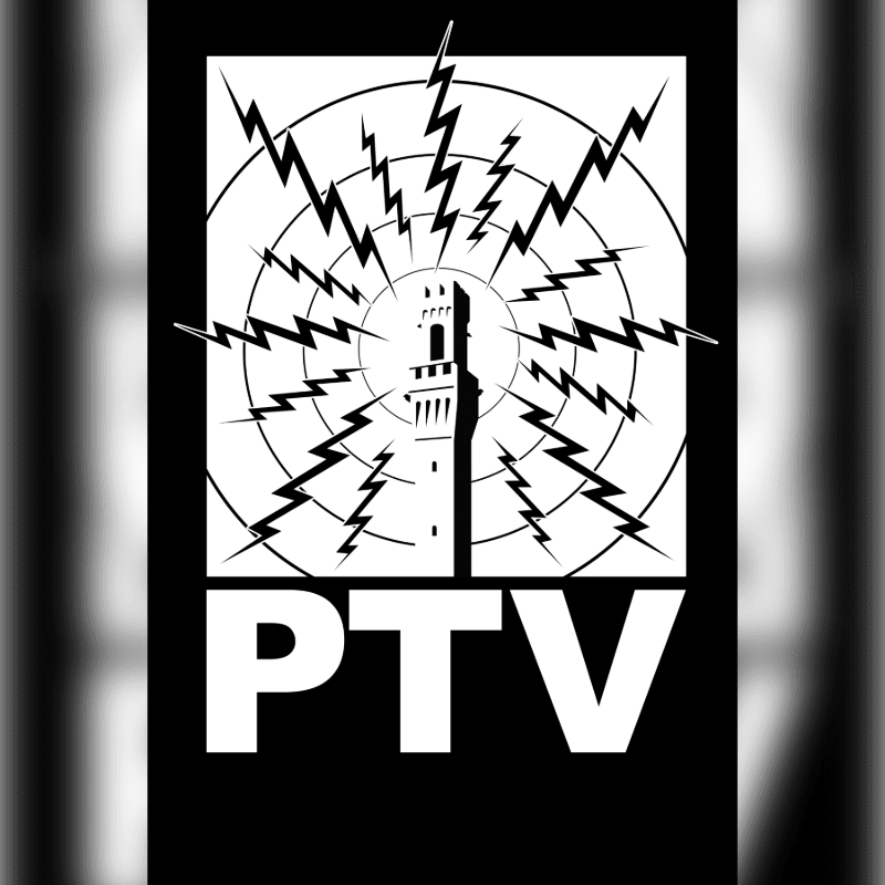 A black rectangle frames a white logo featuring a tower emitting radiating lightning bolts, with "PTV" emblazoned below.