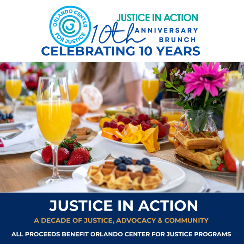 A celebratory brunch table laden with waffles, fruit, and mimosas is set against a blurred background with event branding for the Orlando Center for Justice's 10th Anniversary Brunch.