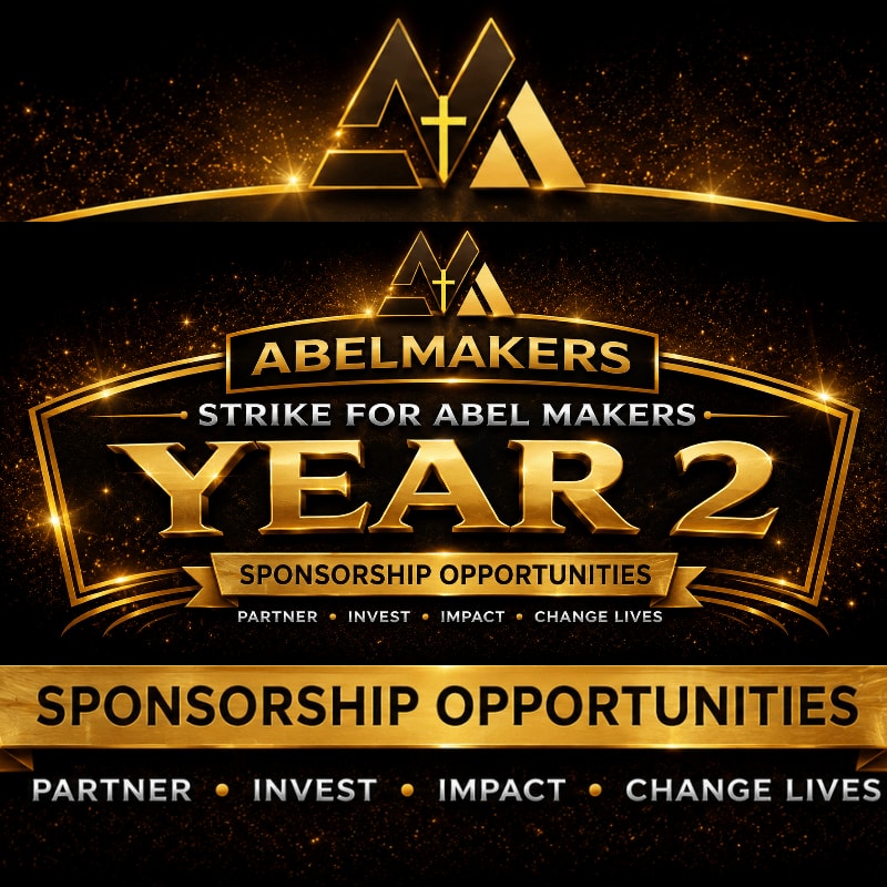 Golden text on a black background announces "Abelmakers Year 2 Sponsorship Opportunities" with smaller text below reading "Partner, Invest, Impact, Change Lives."