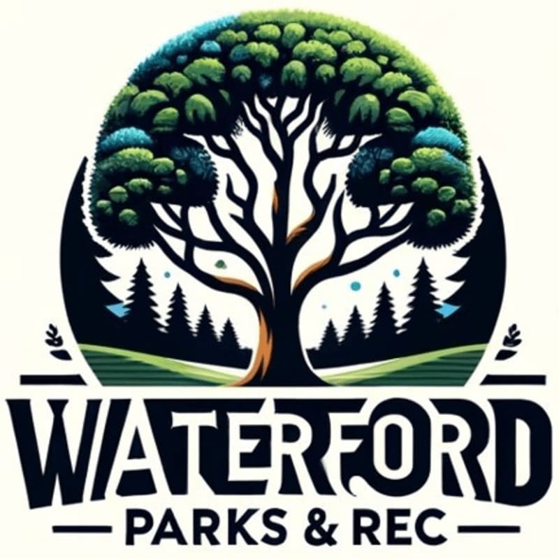 A stylized tree with a lush green canopy stands in the foreground above the bold text "WATERFORD PARKS & REC," with a dark forest and blue accents forming the background.