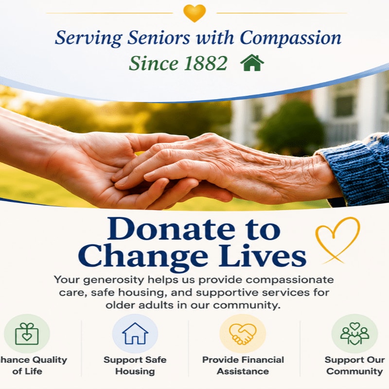 Two hands clasped in the foreground are set against a blurred background of a building and greenery, with text overlaying the bottom half of the image.