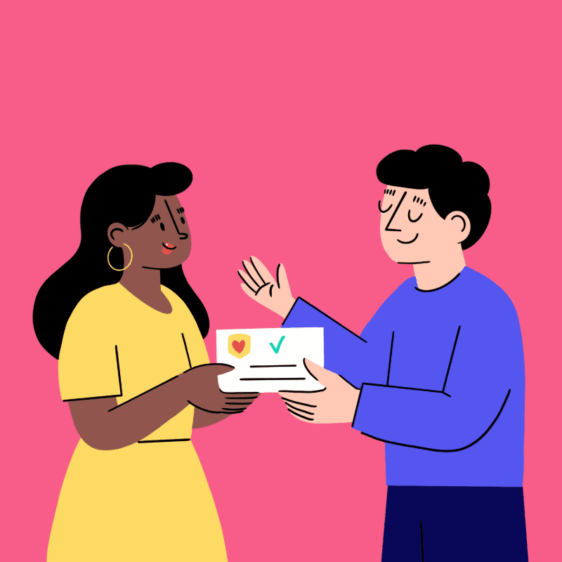A woman in a yellow dress hands a certificate to a man in a blue shirt against a pink background.
