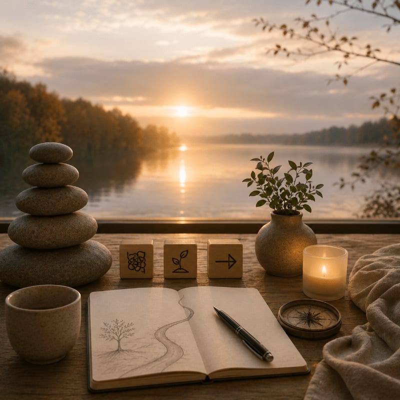 A serene lakeside sunrise illuminates a wooden table with a stack of stones, a notebook with a drawn path, and a compass, while the background features a tranquil body of water surrounded by autumn foliage.