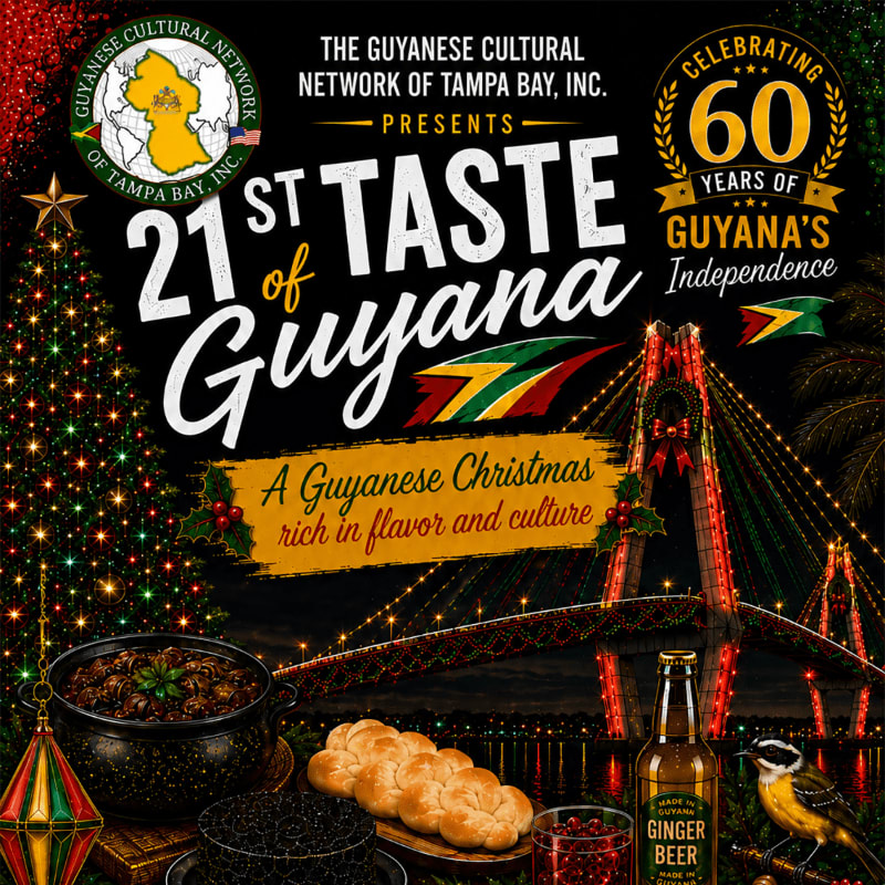 A festive foreground of Guyanese food and drink is set against a background of a brightly lit bridge and Christmas tree, celebrating 60 years of Guyana's Independence.