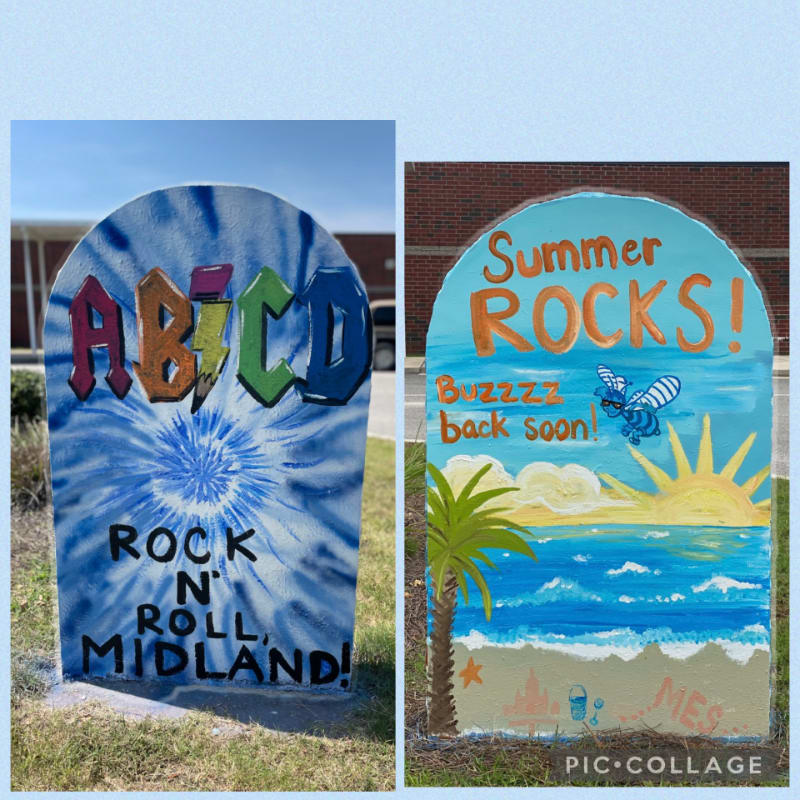 Two colorful tombstone-shaped signs, one with "ABCD ROCK N ROLL MIDLAND!" on a tie-dye background and the other with a beach scene and "Summer ROCKS! Buzzz back soon!", stand in front of a building.