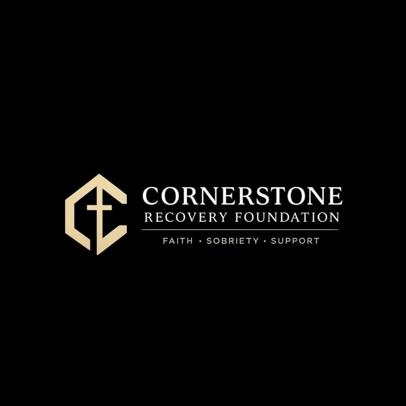 A beige hexagonal logo with a cross is on the left, with "CORNERSTONE RECOVERY FOUNDATION" and "FAITH SOBRIETY SUPPORT" in white text to the right, all against a black background.