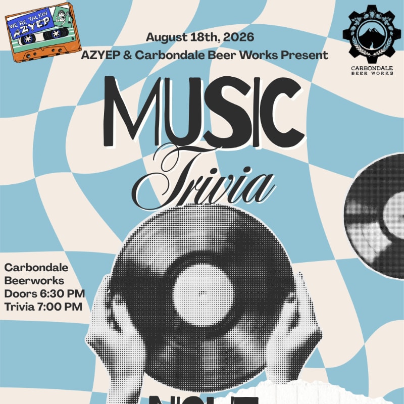 Hands hold a vinyl record in the foreground against a checkered blue and white background, with event details and logos in the upper portion.