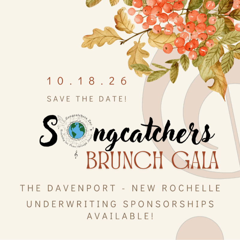 Autumn leaves and berries frame a "Songcatchers Brunch Gala" announcement with event details.