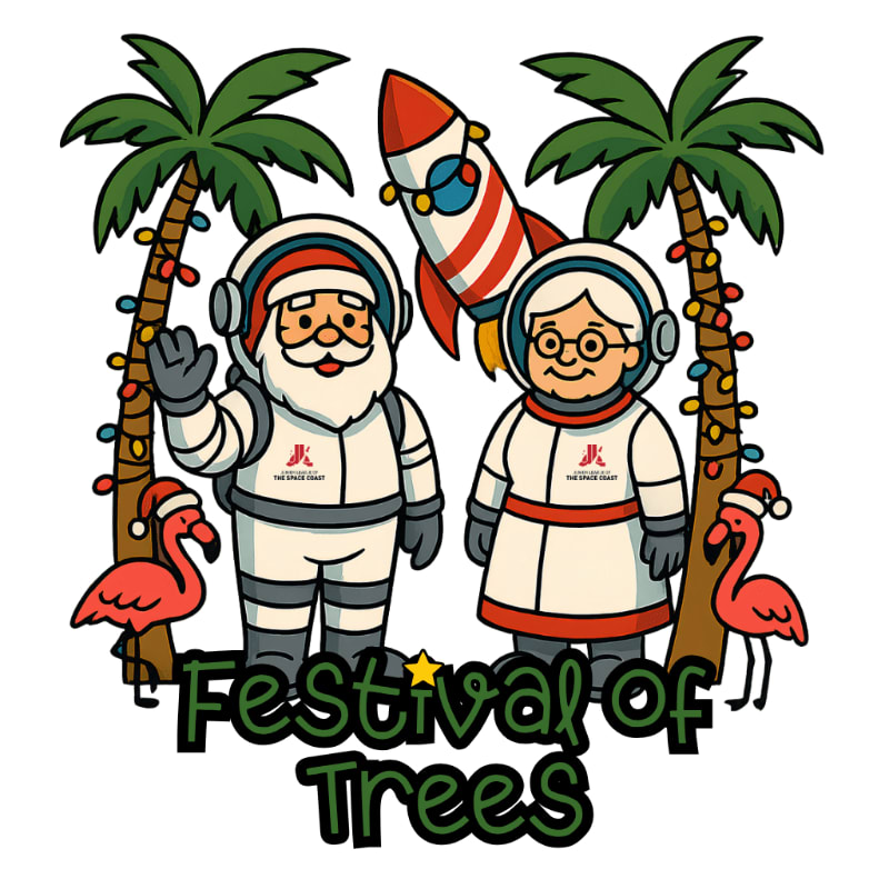 Santa and Mrs. Claus in astronaut suits stand with flamingos and palm trees adorned with lights, while a rocket ship looms in the background above the "Festival of Trees" text.
