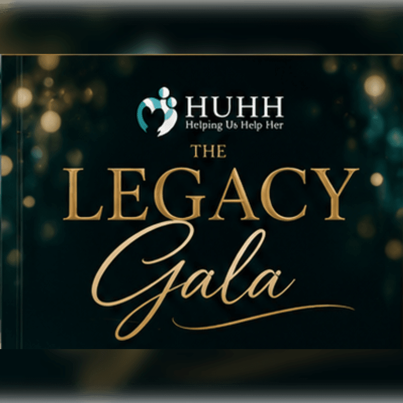 Golden text announcing "THE LEGACY Gala" with the HUHH logo is set against a dark, bokeh-filled background.