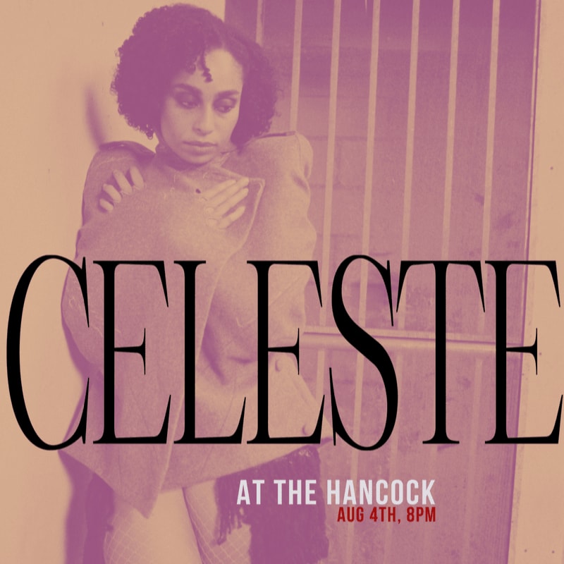 A woman with curly hair stands in front of a barred background, with the word "CELESTE" prominently displayed.