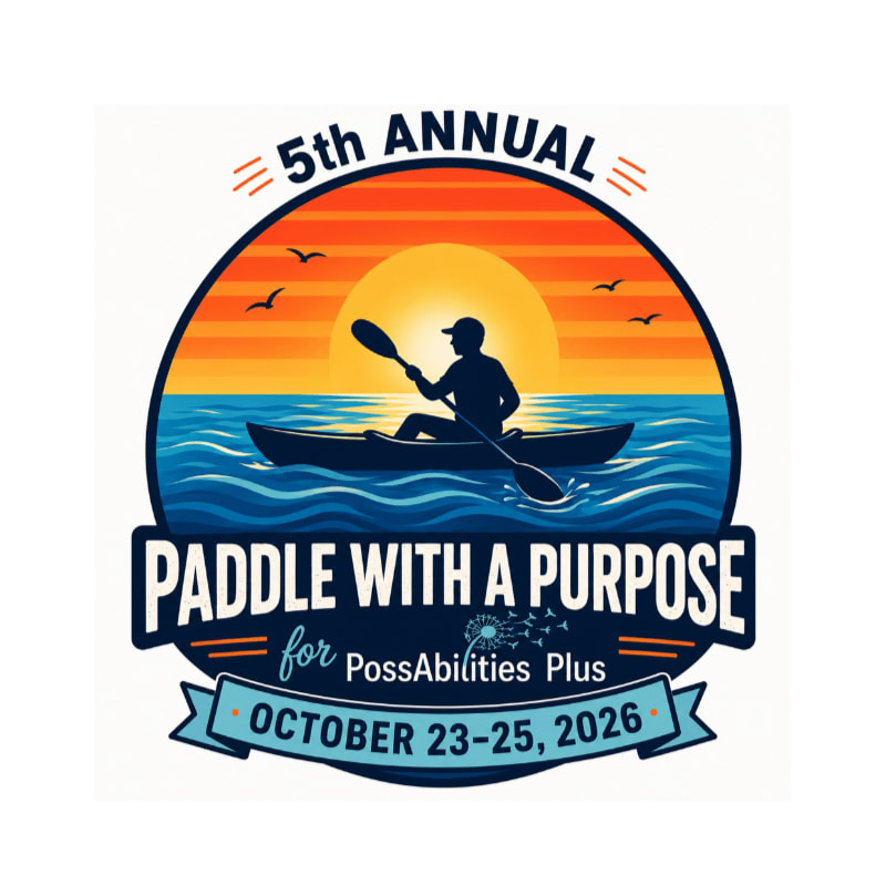 A kayaker paddles on the water against a sunset backdrop, with event details for the "5th Annual Paddle With A Purpose" for PossAbilities Plus from October 23-25, 2026 displayed below.