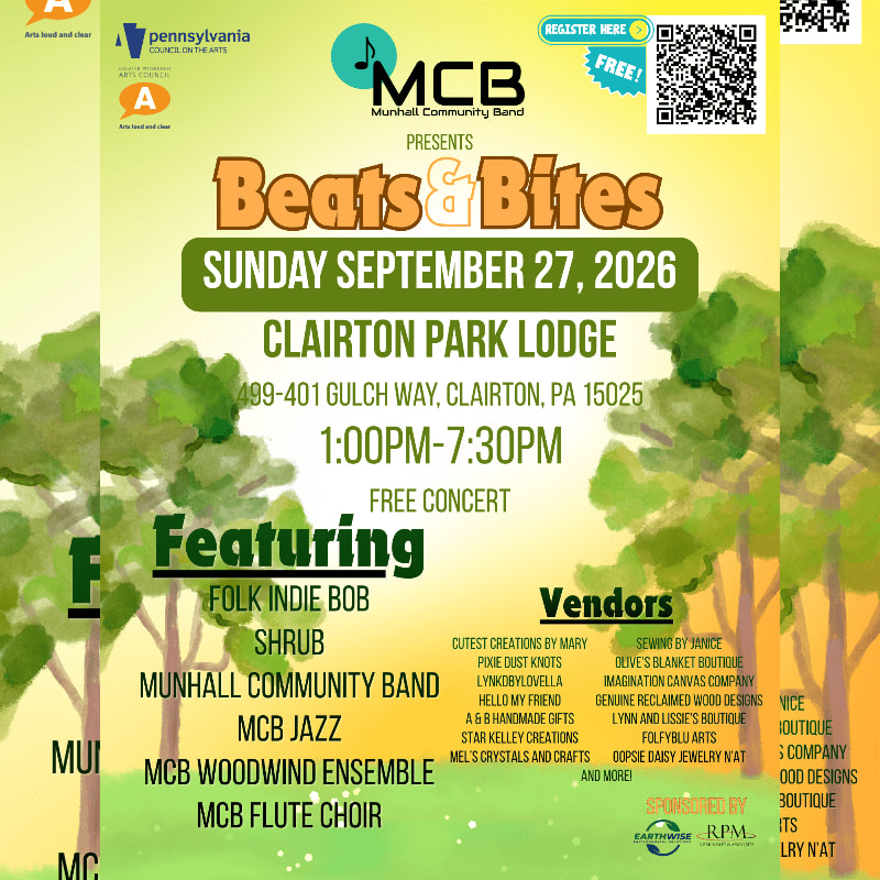 A flyer for a "Beats & Bites" event featuring music and vendors is set against a background of stylized green trees.