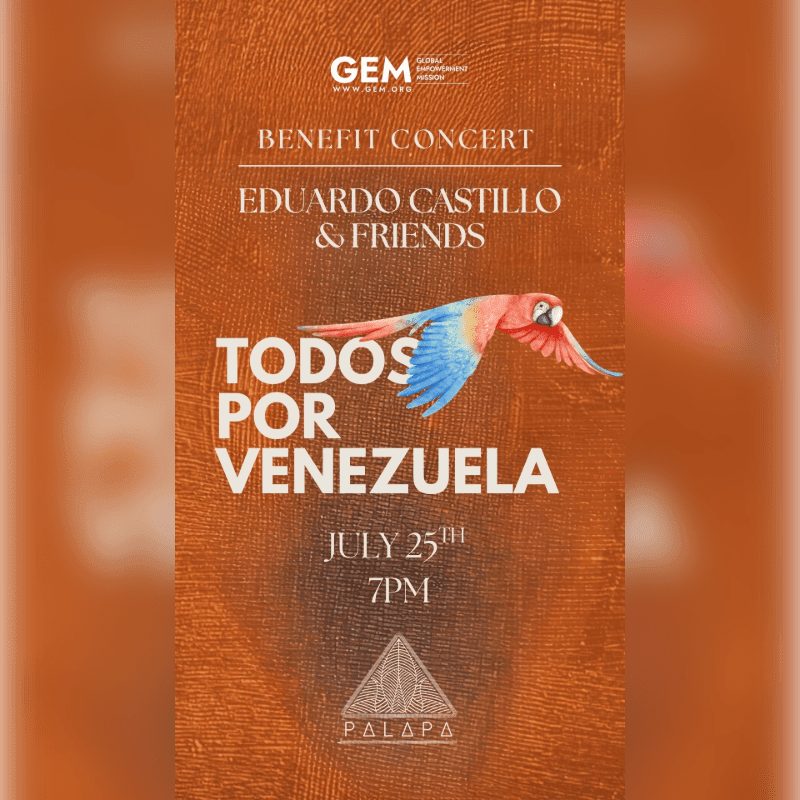 A vibrant macaw flies over the text "TODOS POR VENEZUELA" on an orange textured background, advertising a benefit concert.