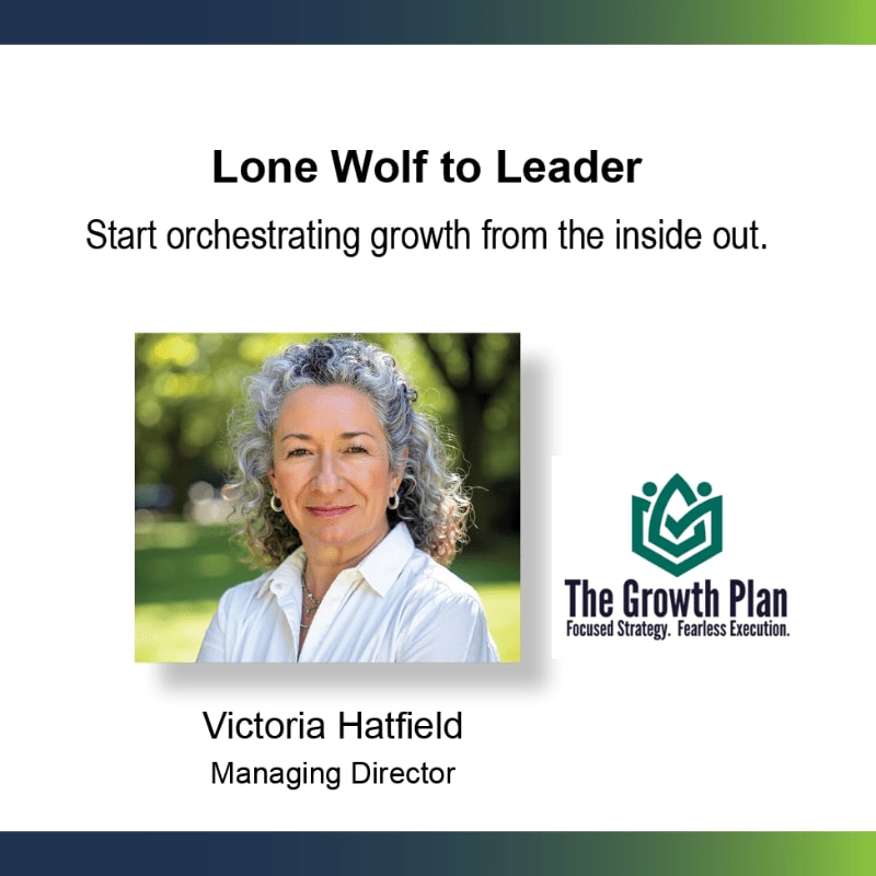 A smiling woman with gray hair is featured in the foreground, with a green logo and text about "The Growth Plan" to her right, all set against a blurred background of trees and a white space with a title and subtitle.