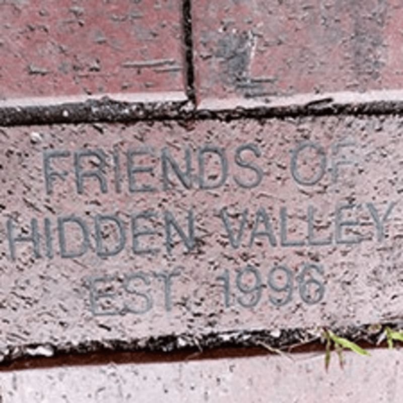 Engraved bricks with "FRIENDS OF HIDDEN VALLEY EST. 1996" are in the foreground, with hints of green grass and a red brick wall in the background.