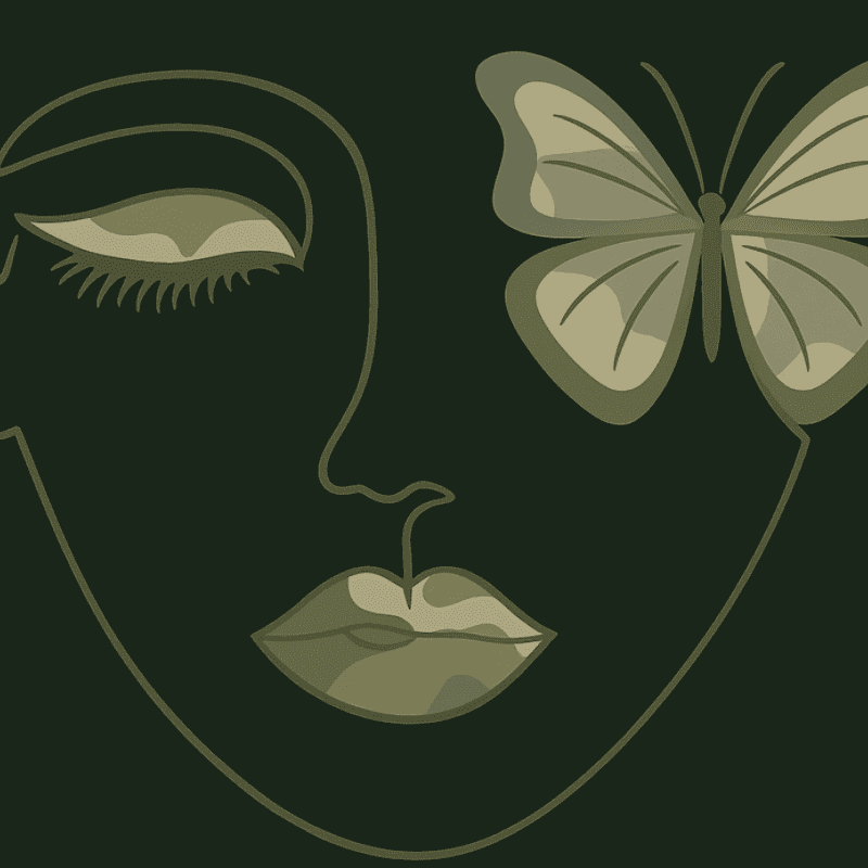 A minimalist line drawing of a face with a butterfly over one eye is set against a dark green background.