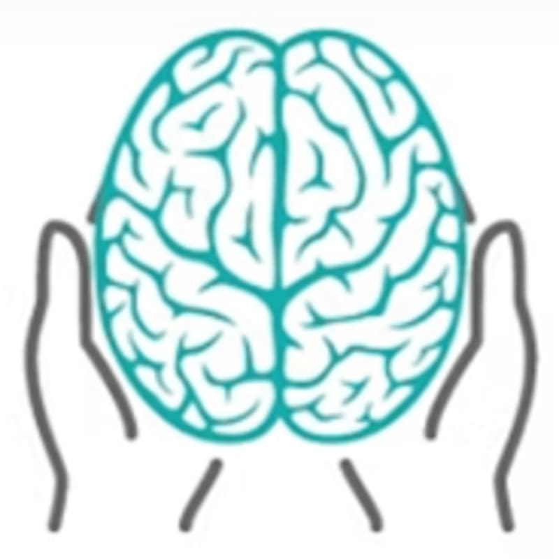 Two cupped hands in the foreground cradle a teal-colored outline of a brain in the background.