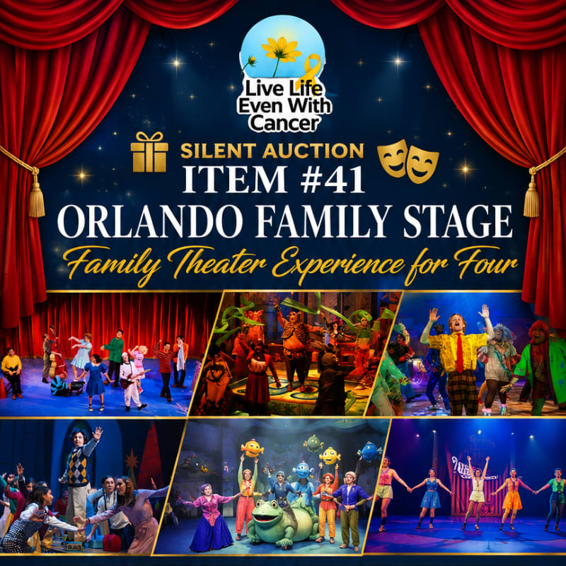 A vibrant poster advertises a silent auction item for a "Family Theater Experience for Four" at Orlando Family Stage, featuring colorful images of theatrical performances in the foreground and a stage curtain backdrop.