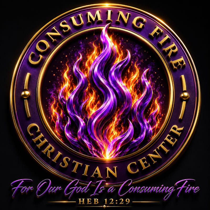 A circular emblem with purple and gold flames in the foreground is set against a dark background, with text below reading "For Our God Is a Consuming Fire" and "HEB 12:29".
