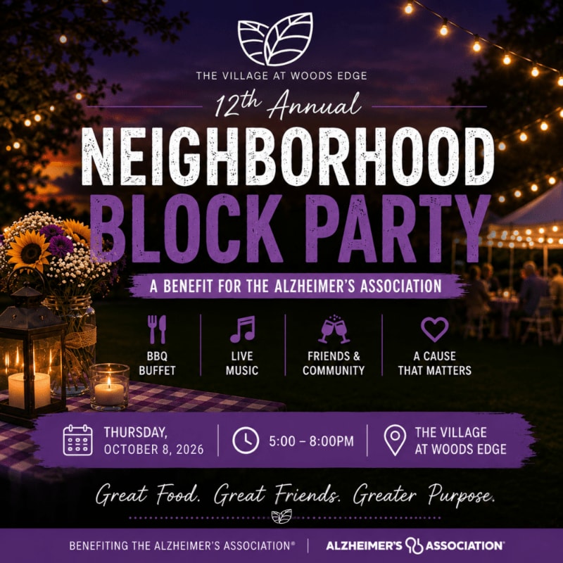 A festive neighborhood block party invitation is set against a twilight background with string lights and a tent, featuring a bouquet of sunflowers and a lantern in the foreground.