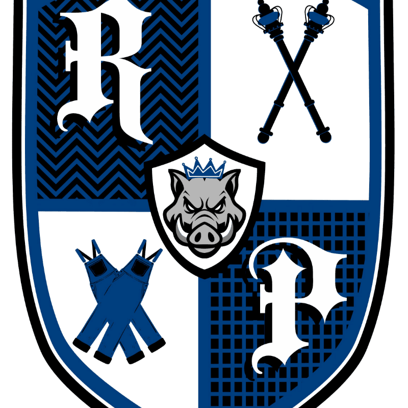 A blue and white crest features a boar's head in the center, with crossed staffs and overalls in the upper right and lower left quadrants, respectively, and large white letters "R" and "F" in the upper left and lower right quadrants.