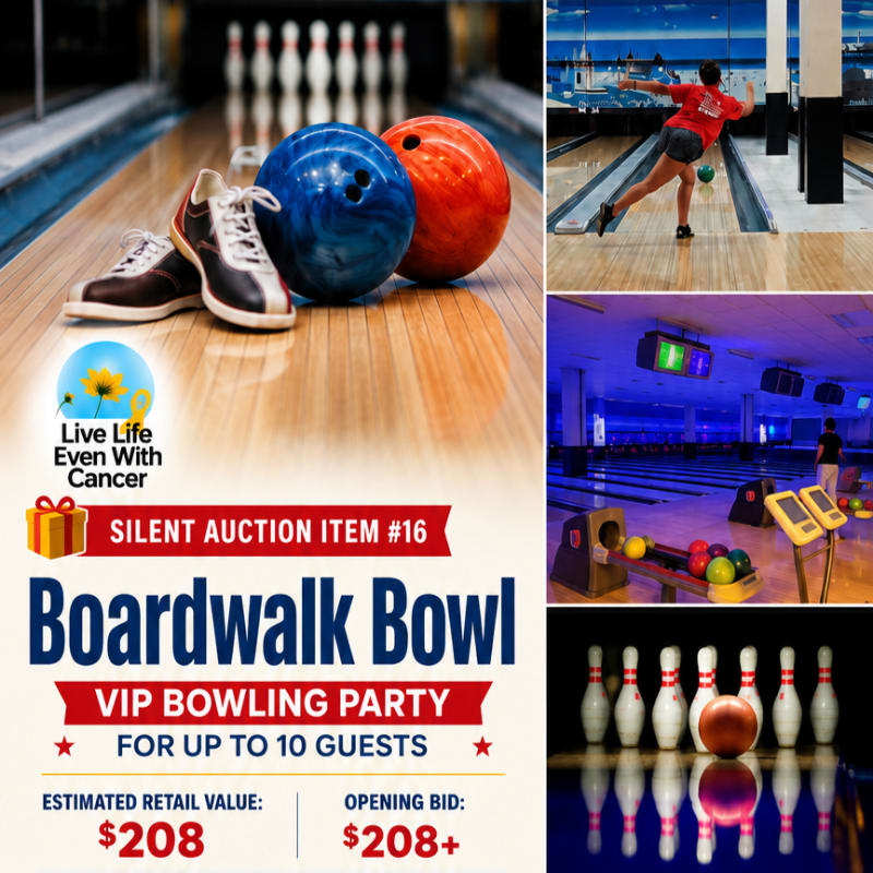 Bowling balls and shoes rest on a lane in the foreground, while a collage of bowling alley scenes fills the background.