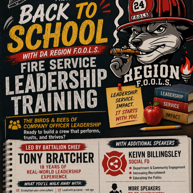 A cartoon raccoon in a firefighter's helmet smokes a cigar in the foreground, with a "Back to School Fire Service Leadership Training" poster in the background.