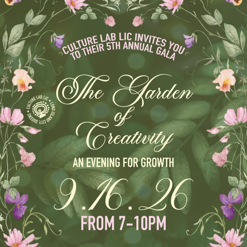 A floral border frames an invitation to "The Garden of Creativity" gala, with text detailing the event and date against a blurred green background.