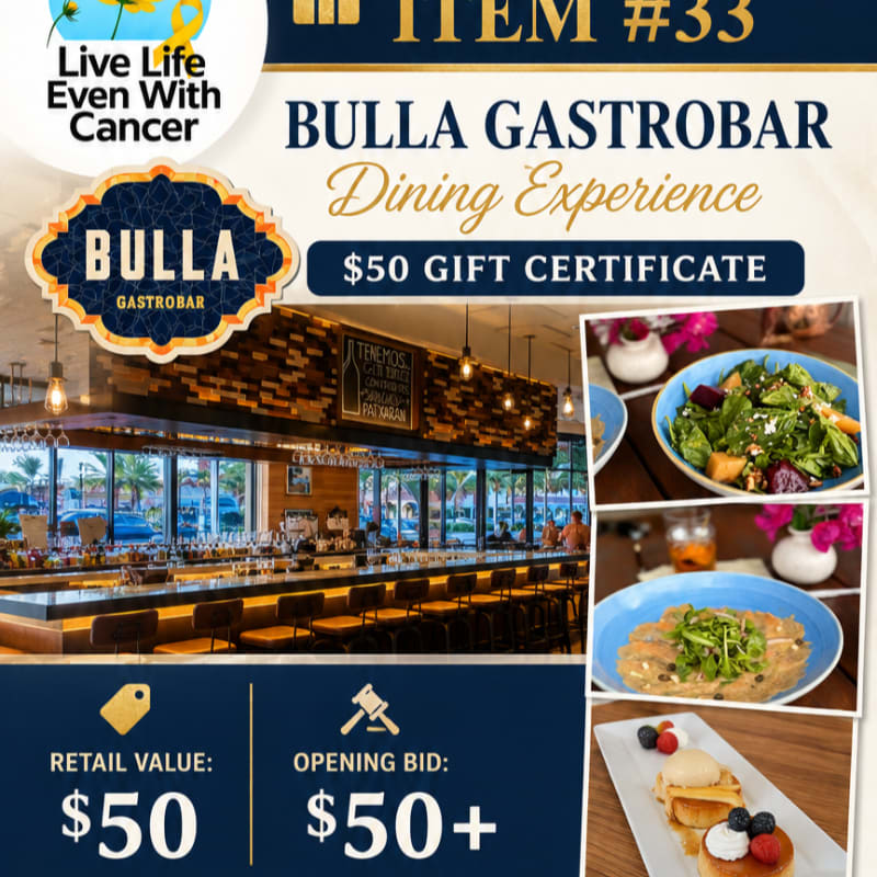 A $50 gift certificate for Bulla Gastrobar is advertised with a photo of the restaurant's interior and food in the background.