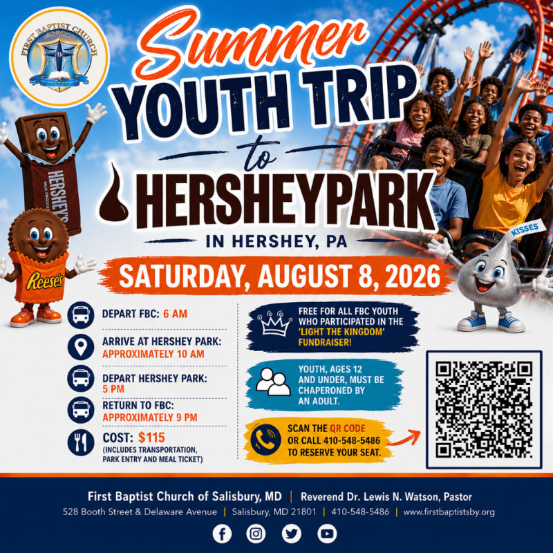 A vibrant flyer advertises a summer youth trip to HersheyPark, featuring cartoon characters and excited children on a roller coaster in the background.