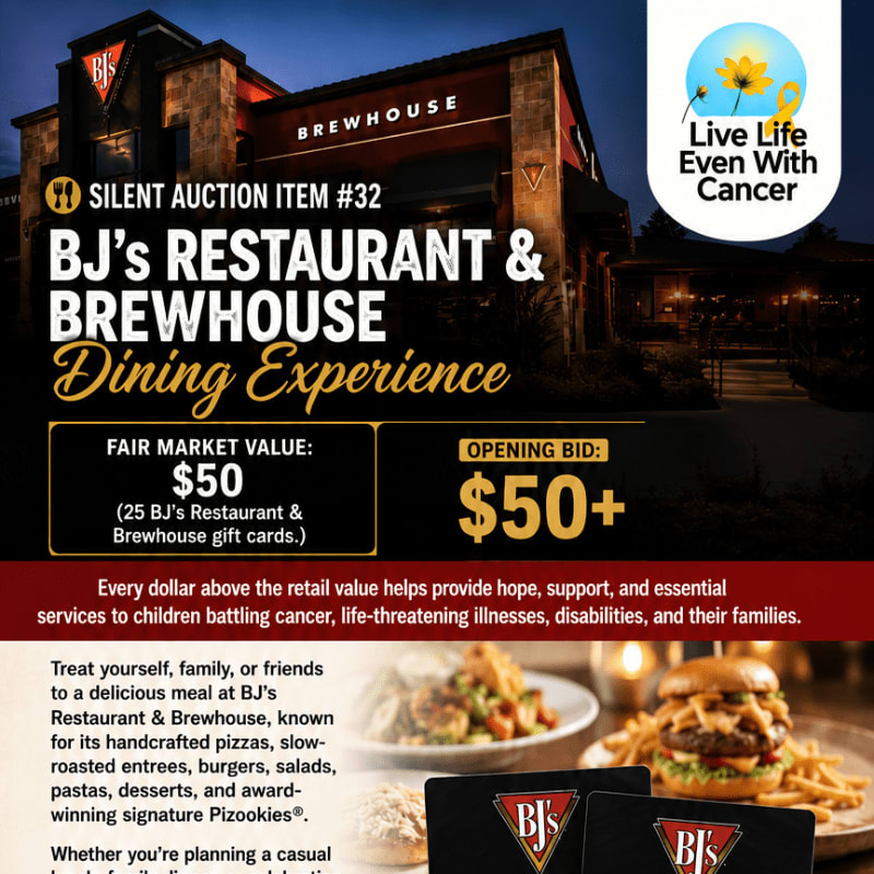 A BJ's Restaurant & Brewhouse exterior is in the background, while the foreground displays details about a silent auction for a dining experience, including gift cards and food imagery.