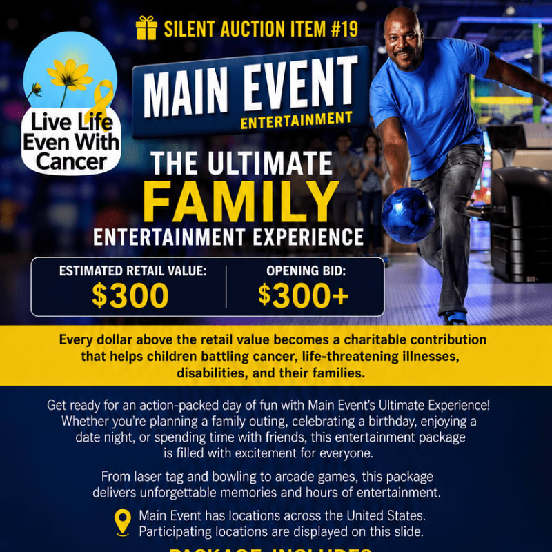 A man bowls in the foreground with a "Live Life Even With Cancer" logo and auction details in the background.