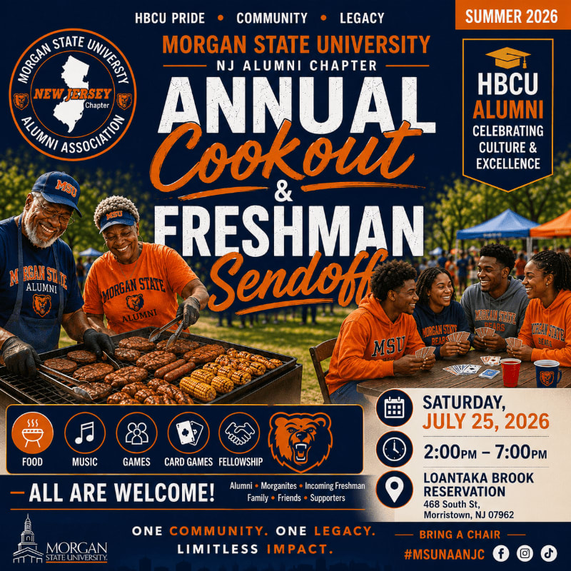 In the foreground, people are grilling and playing cards, while the background features a banner for the Morgan State University Annual Cookout & Freshman Sendoff.