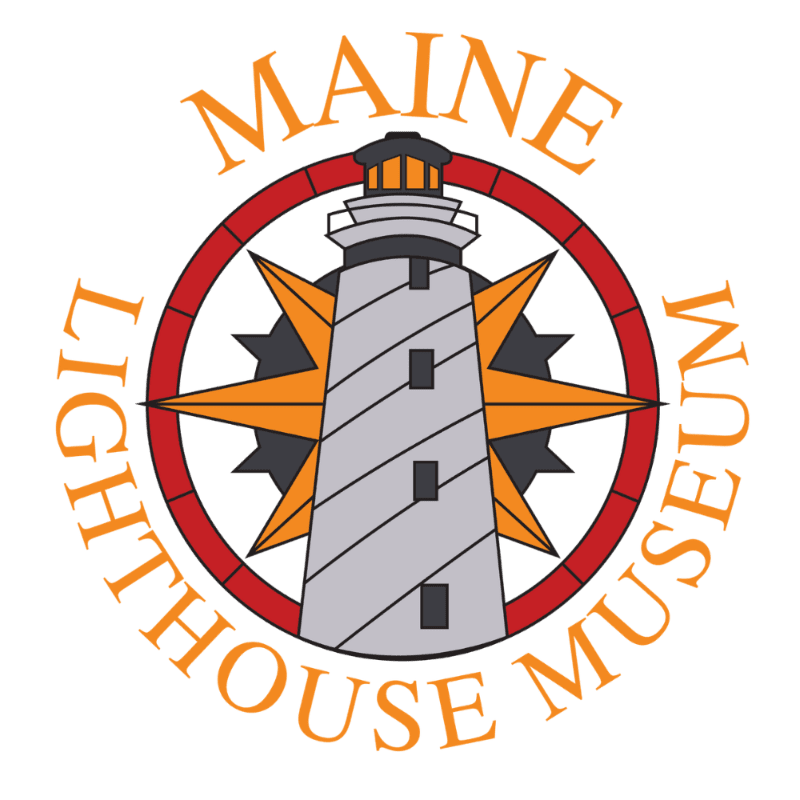 A stylized lighthouse with a compass rose behind it is centered within a circular logo that reads "MAINE LIGHTHOUSE MUSEUM" in orange lettering.