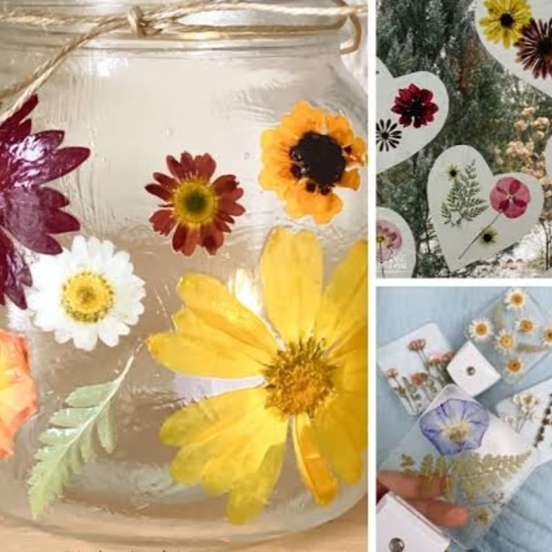 Pressed flowers adorn a glass jar in the foreground, while heart-shaped ornaments and resin coasters with flowers fill the background.